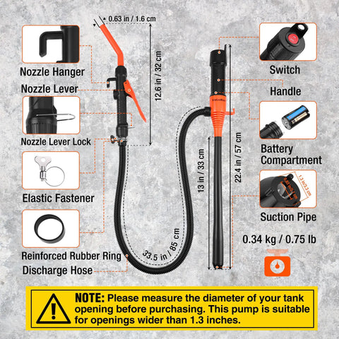 Battery Powered Fuel Transfer Pump 2.2 GPM with measurements and components for gasoline siphoning, ideal for various applications.