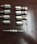 3/8 Inch Hydraulic Hose Field Repair Kit With Four Piece Heavy Duty Female And Male Jic Compression Fittings, silver fittings on wooden surface.