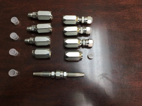 3/8 Inch Hydraulic Hose Field Repair Kit With Four Piece Heavy Duty Female And Male Jic Compression Fittings, silver fittings on wooden surface.
