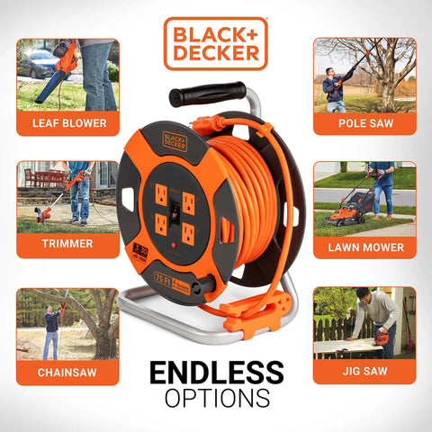 75 Ft Retractable Extension Cord Reel With 4 Outlets, Heavy Duty 14 AWG SJTW Cable with garden tools, for outdoor work