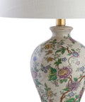 Close-up of 24 Inch Tall Multicolor Gold French Country Ceramic Floral Urn Table Lamp With White Linen Shade Chinoiserie Ginger Jar