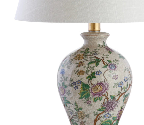 Close-up of 24 Inch Tall Multicolor Gold French Country Ceramic Floral Urn Table Lamp With White Linen Shade Chinoiserie Ginger Jar