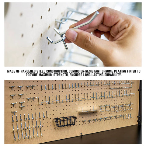 100 Piece Metal Pegboard Hooks And Accessories Set For One Eighth And One Quarter Inch Peg Boards on display in garage setting