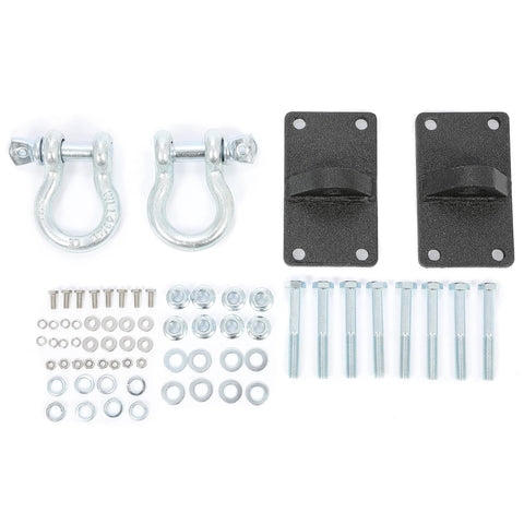 ECOTRIC bumper mounting hardware kit for Jeep Wrangler: two silver U-bolts, two black plates, assorted bolts, washers, and nuts