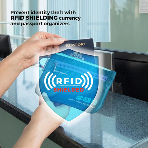 World Travel Essentials Dual RFID Passport And Currency Organizers With Colorful Zippers in use, securing passport