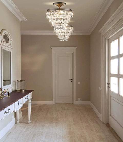 Oil Rubbed Bronze 13 Inch LED Flush Mount Ceiling Light Fixture With Clear Crystal Drum Shade Modern Glam Style Perfect For Bedroom Or Hallway Energy Saving LED Bulbs Included Durable Metal Construction in a hallway setting
