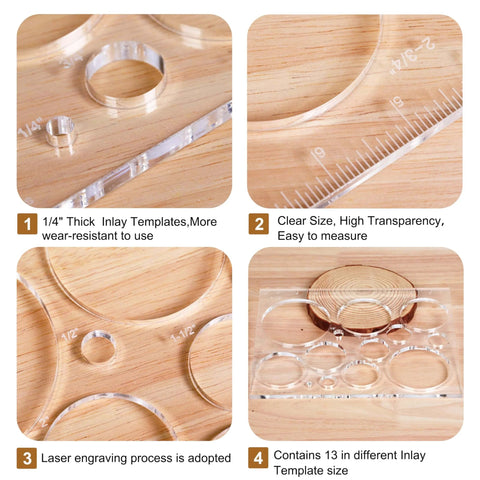 Pro Grade 13 In 1 Router Template Kit for Woodworking with different sized clear acrylic circle and bowtie inlay templates