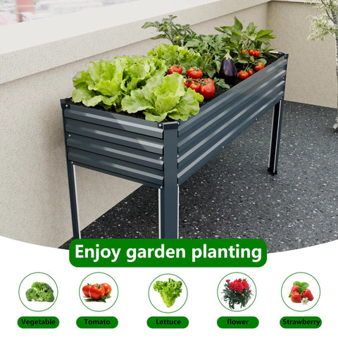 Heavy Duty Galvanized Raised Garden Bed With Legs For Outdoor Use 48 By 18 By 30 Inches Two Pack Metal Planter Box For Backyard Patio Or Balcony 300 Lb Capacity Gray With Safe Padded Corners filled with plants on a balcony