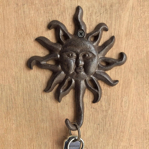 Heavy Duty Cast Iron Coat Hooks Set Of Two Vintage Sunburst Wall Mounts With Installation Screws Antique Dark Brown Rust Proof Vintage Vibes decorative sun design wall hook.