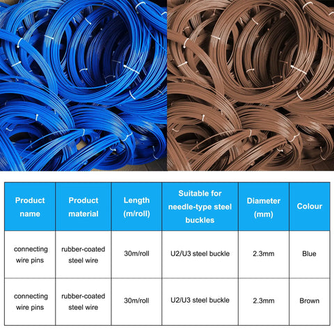 Grippy Rubber Coated Stainless Steel Threading Pins For Conveyor Belts 2.3mm Wire Diameter U2 U3 Compatible 100 Feet Long 30 M Reel High Friction No Slip To Prevent Belt Slippage And Deflection, blue and brown reels