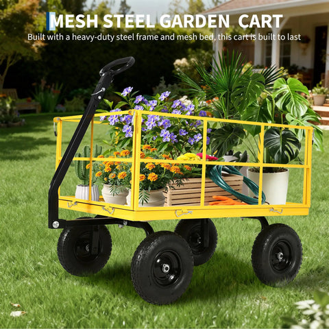 Heavy Duty 1500 Lbs Mesh Steel Garden Cart with Folding Utility Wagon, filled with plants, on a grassy lawn.