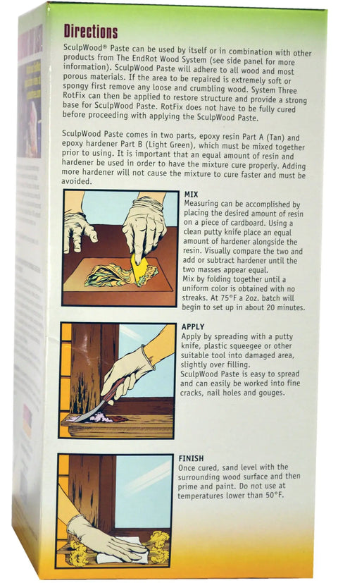 Box instructions for SculpWood Paste featuring mixing, applying, and finishing steps for wood repair use.