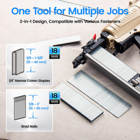 18 Gauge 2 In 1 Pneumatic Nail Gun And Narrow Crown Staple Gun with brad nails and staples displayed on a work surface