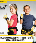 Two children wearing Kid Sized Work Gloves For Little Hands That Stay Safe And Comfortable With Durable Fabric, holding tools.
