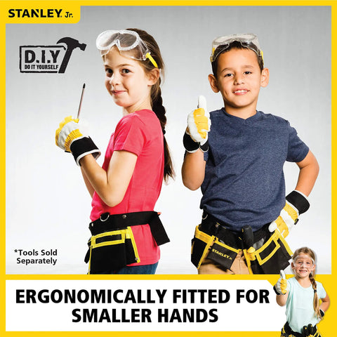 Two children wearing Kid Sized Work Gloves For Little Hands That Stay Safe And Comfortable With Durable Fabric, holding tools.
