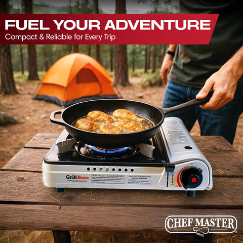 Dual Fuel Camp Stove With 4x 8oz Butane Canisters, 12,000 BTU Portable Stove used for camping with pan cooking chicken in forest