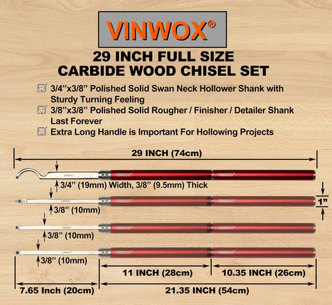 VINWOX 9-Piece Carbide Wood Lathe Tool Set with aluminum handles, 29" full-size; hollowing, roughing, finishing tools.