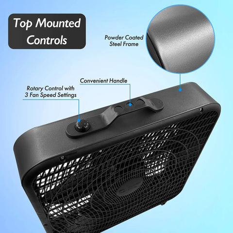 20 Inch Box Fan With Carry Handle 3 Speed Full Force Air Circulation Floor Fan With Top Rotary Controls