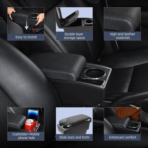 Mitsubishi Mirage 2014-2024 Armrest Box Center Console Organizer Leather Armrest with dual-layer storage and cup holder feature.