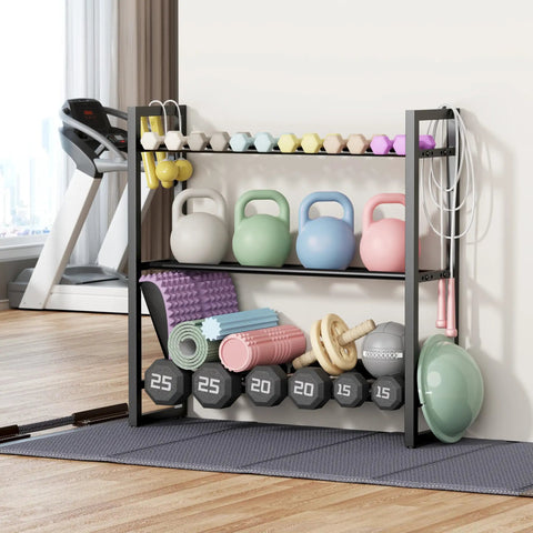 Heavy Duty 3 Tier Dumbbell Rack For Home Gym Featuring Adjustable Width Shelves Holds Up To 390 Pounds with weights and kettlebells.