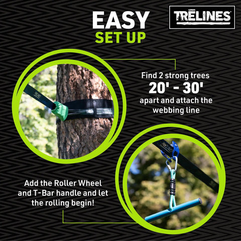 Instructions for setting up Roller Adventure Slackline Kit For Kids 36 Ft With Ninja Course Attachment And T Bar Ride
