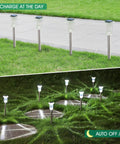 10 Pack Solar Powered Path Lights Waterproof Stainless Steel Stake Lights in daylight and glowing at night on lawn