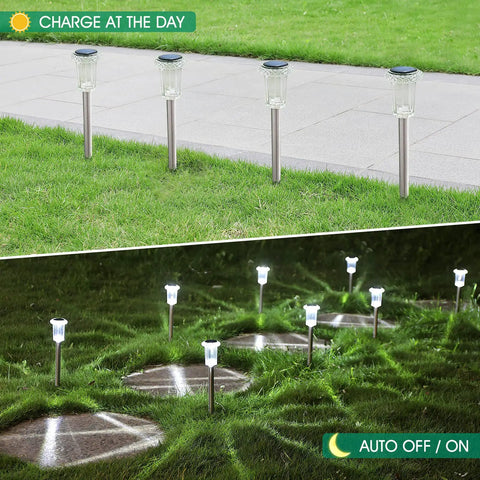 10 Pack Solar Powered Path Lights Waterproof Stainless Steel Stake Lights in daylight and glowing at night on lawn