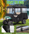 Top Shelf Golf Cart Enclosure For Ezgo Rxv Four Passenger Eighty Inch Extended Roof, black weatherproof cover, easy storage features, outdoor use.