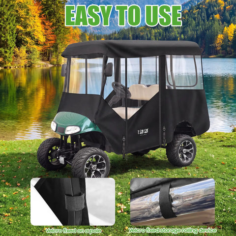 Top Shelf Golf Cart Enclosure For Ezgo Rxv Four Passenger Eighty Inch Extended Roof, black weatherproof cover, easy storage features, outdoor use.