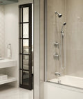 Identity Single Handle Tub And Shower Faucet Trim In Satin Nickel, 1 Spray, 1.5 GPM, Valve Not Included, installed in modern bathroom