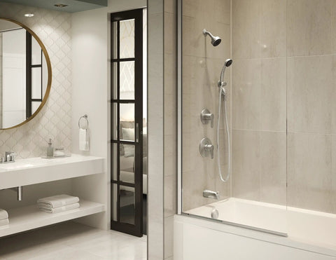 Identity Single Handle Tub And Shower Faucet Trim In Satin Nickel, 1 Spray, 1.5 GPM, Valve Not Included, installed in modern bathroom