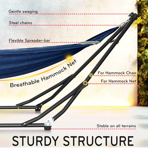 Hammock With Heavy Duty Steel Stand For Indoor And Outdoor Chill Sessions 600Lb Capacity Foldable 2 Layer Soft Polyester Durable