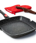 Square Indoor Grill Pan With Removable Handle For Even Heating Meat And Veggies, 11 Inch Nonstick Griddle Skillet, RV Die Cast Aluminum Stove Top Grill Pan, Detachable Handle, Oven Safe Up To 480 Degrees with red oven mitts