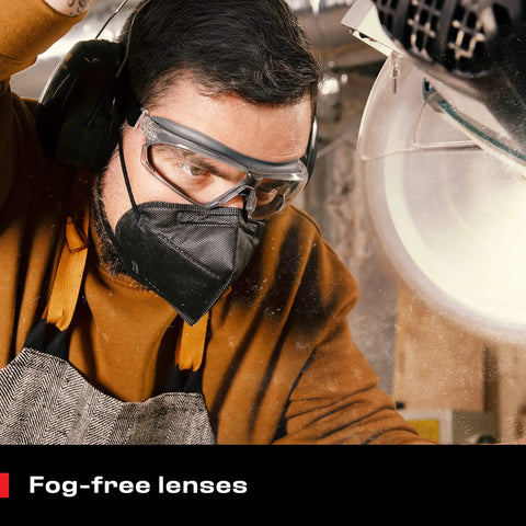 Anti Fog Safety Goggles For Men And Women With Premium Coating, adjustable headband in use for dust protection in workshop