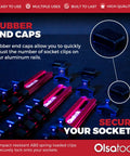 Aluminum Socket Organizer Rail Kit, 3 Piece Red Set For One Half Inch, Three Eighth Inch, And One Quarter Inch Drives with rubber end caps visible.