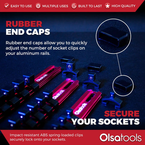 Aluminum Socket Organizer Rail Kit, 3 Piece Red Set For One Half Inch, Three Eighth Inch, And One Quarter Inch Drives with rubber end caps visible.