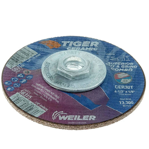 Tiger Ceramic Type 27 Cut Off And Grind Combo Wheel 4 1/2 Inch By 1/8 Inch CER30T 5/8-11 Nut close-up