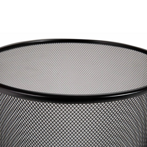 Close-up of 2 Pack Steel Mesh Round Trash Cans 6 Gallon Black Built Tough For Home Office Garage Durable Wastebaskets With Ventilated Mesh Design And Reinforced Rim