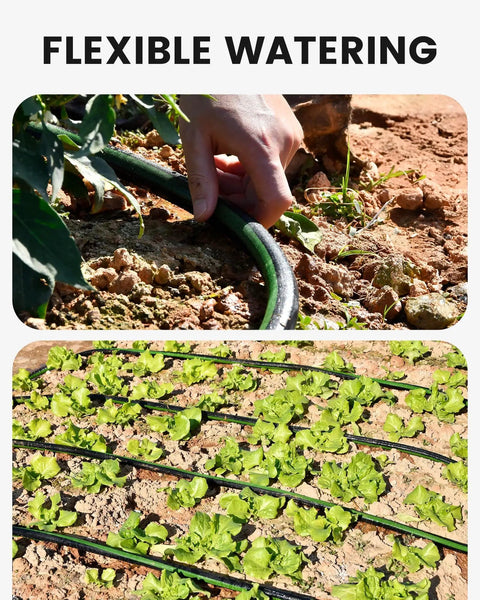 Flat Soaker Hose 100Ft For Garden Watering with hand installing on soil and hose irrigating a vegetable patch, Dual Layer Flexible Drip Hose.