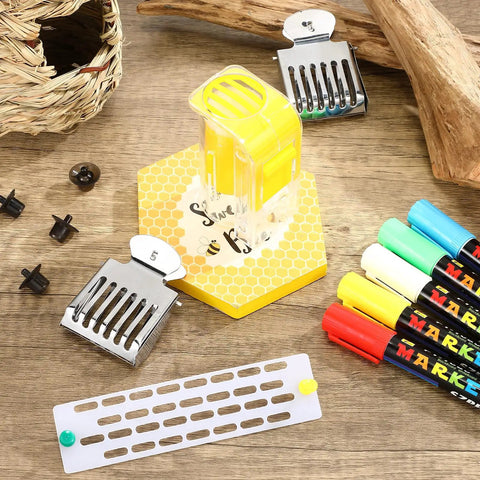 Beekeeping Queen Bee Marker Kit Pro Pack with 1 marking bottle, 5 color markers, 50 platforms, clips, pins, and entrance door.