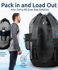 XL Mesh Dive Bag Backpack For Snorkel Gear Lightweight Quick Dry Bag with man showing size comparison and adjustable straps