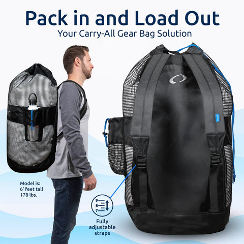XL Mesh Dive Bag Backpack For Snorkel Gear Lightweight Quick Dry Bag with man showing size comparison and adjustable straps
