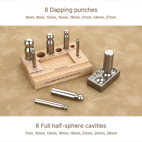 Heavy Duty Steel 8 Hole Dapping Block And 8 Matching Punch Set For Jewelry Making And Metal Shaping with Wooden Stand