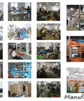 Collage of manufacturing facilities, warehouse, and trade show displays related to automotive component production.