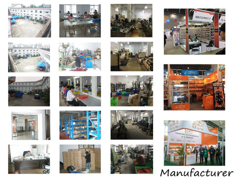 Collage of manufacturing facilities, warehouse, and trade show displays related to automotive component production.