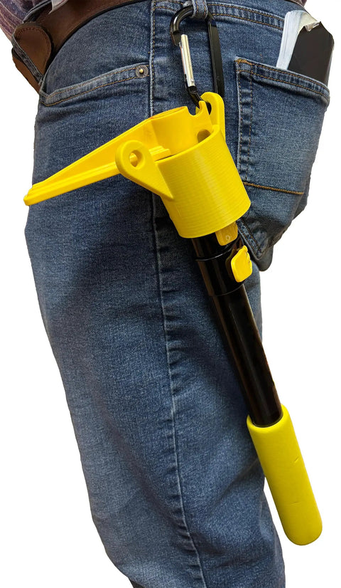 Keep Your Reach Tools Right At Hand With This Durable Wearable Holster Snaps Quickly Onto Belt Loops, showing a yellow belt pouch with reach pole