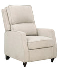 Push Back Manual Recliner Chair in beige fabric with track arms and bun feet, ideal for living room or office accent, 29.5 inch wide.