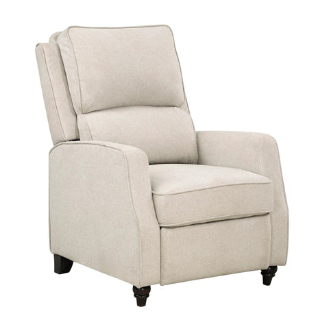 Push Back Manual Recliner Chair in beige fabric with track arms and bun feet, ideal for living room or office accent, 29.5 inch wide.
