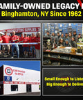 DD Sling USA-made lifting sling collage with staff group and Chenango Supply storefront.