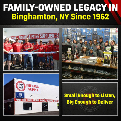 DD Sling USA-made lifting sling collage with staff group and Chenango Supply storefront.